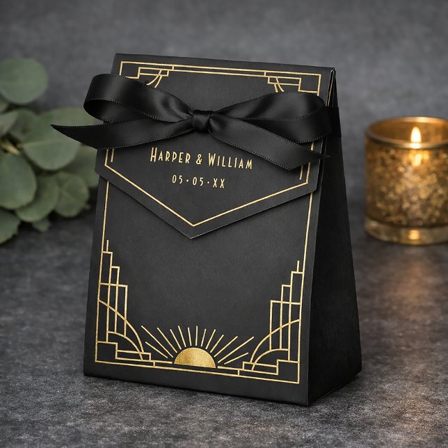 Art deco wedding favour bag favor box (Art deco black and faux gold with a celestial sunburst
 theme)