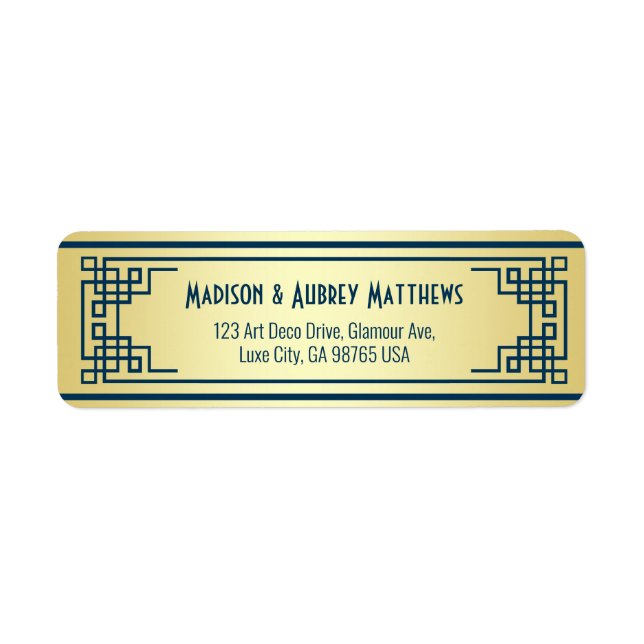 Art Deco Wedding Gold Blue Elegant Return Address (Front)