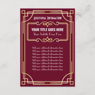 Art Deco Wedding Gold Burgundy Additional Info Enclosure Card