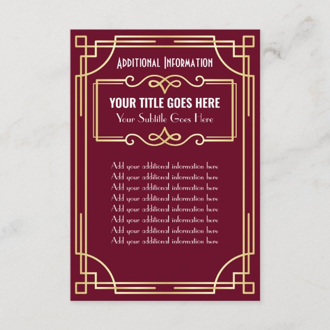 Art Deco Wedding Gold Burgundy Additional Info Enclosure Card (Front)