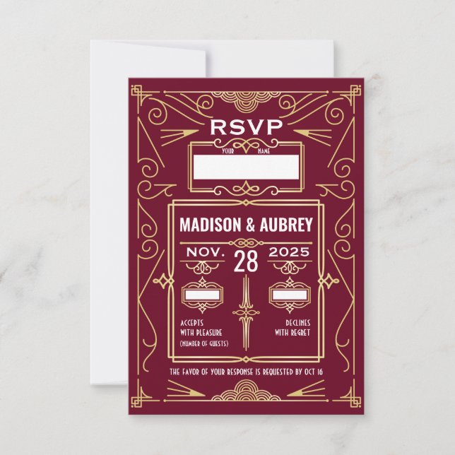 Art Deco Wedding Gold Burgundy RSVP Response (Front)