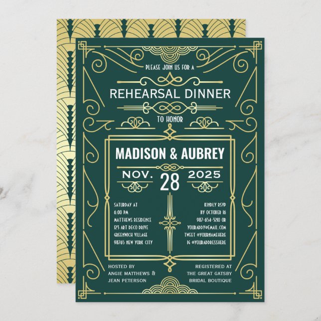 Art Deco Wedding Gold Dark Green Rehearsal Dinner Invitation (Front/Back)