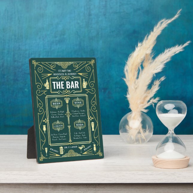 Art Deco Wedding Gold Green Open Bar Menu Plaque (Side)