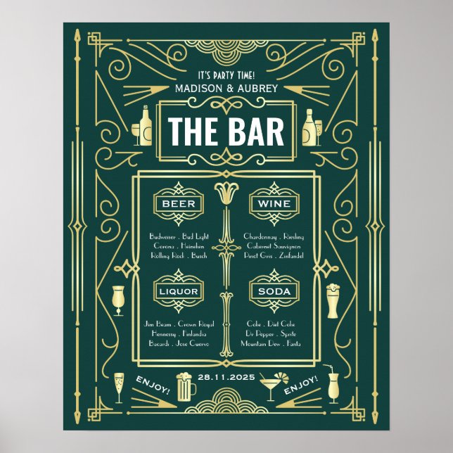 Art Deco Wedding Gold Green Open Bar Party Menu Poster (Front)