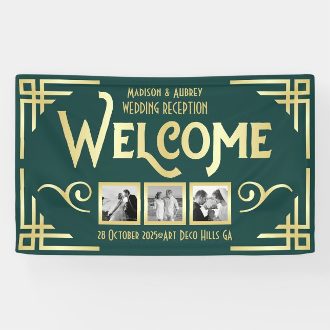 Art Deco Wedding Gold Green Three Photo Welcome Banner (Horizontal)