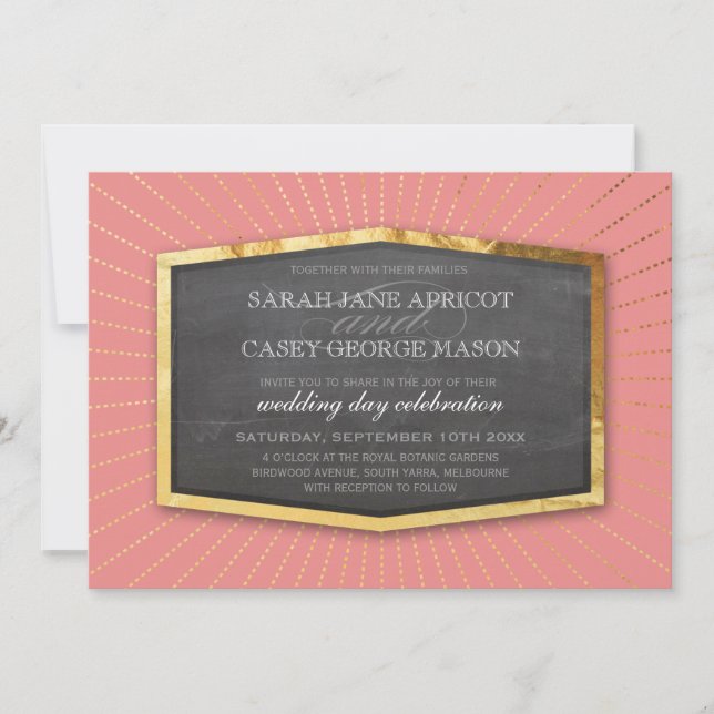 ART DECO WEDDING gold sunburst chalkboard coral Invitation (Front)