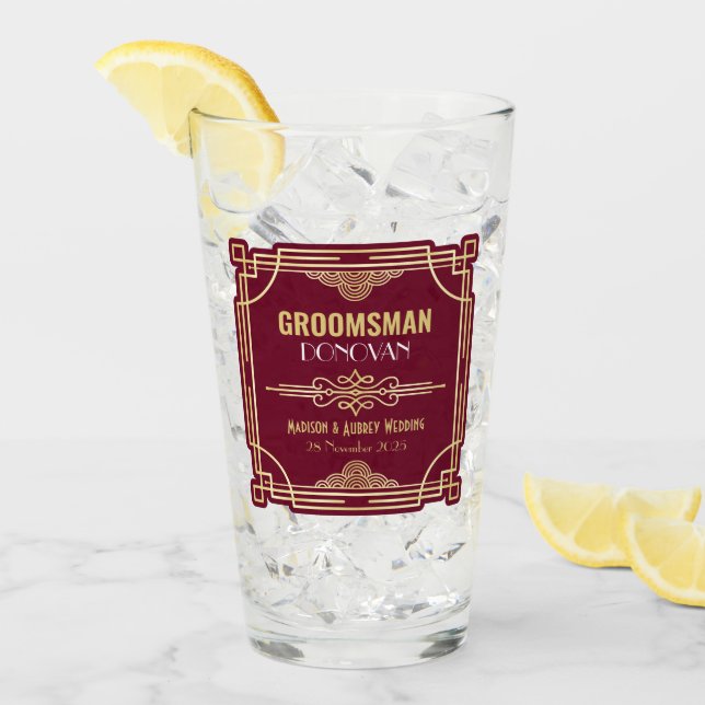 Art Deco Wedding Groomsman Gold Burgundy Favour Glass (Front Ice)