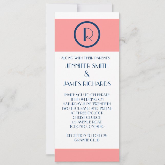 Art Deco Wedding Invitation Coral Navy Blue WHite (Front)