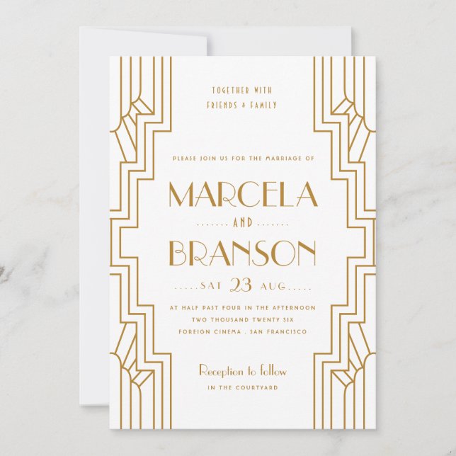 Art Deco Wedding Invitation in Gold and White (Front)
