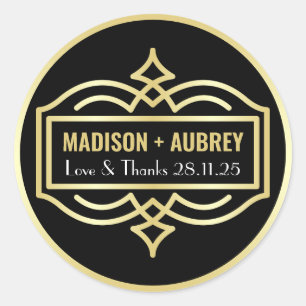 Art Deco Wedding Love & Thanks Gold Black Favour Classic Round Sticker
