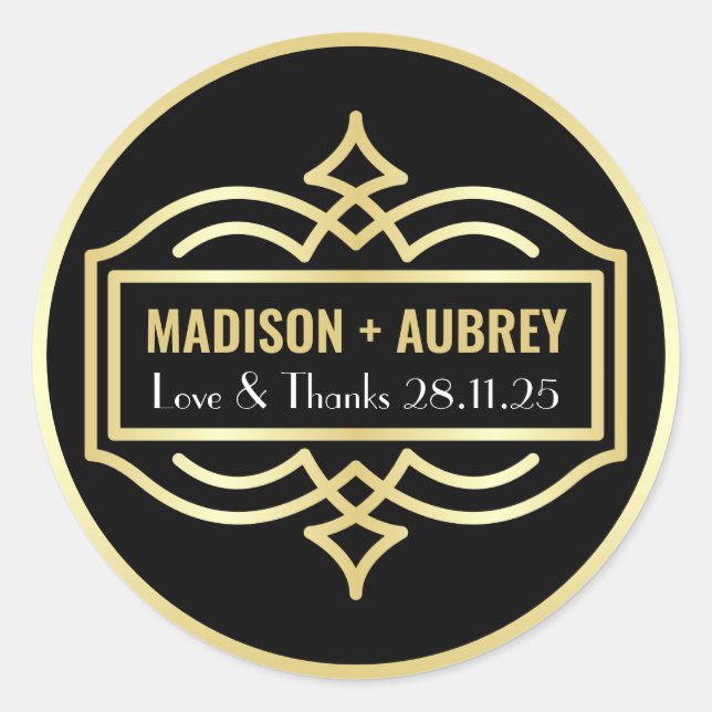 Art Deco Wedding Love & Thanks Gold Black Favour Classic Round Sticker (Front)