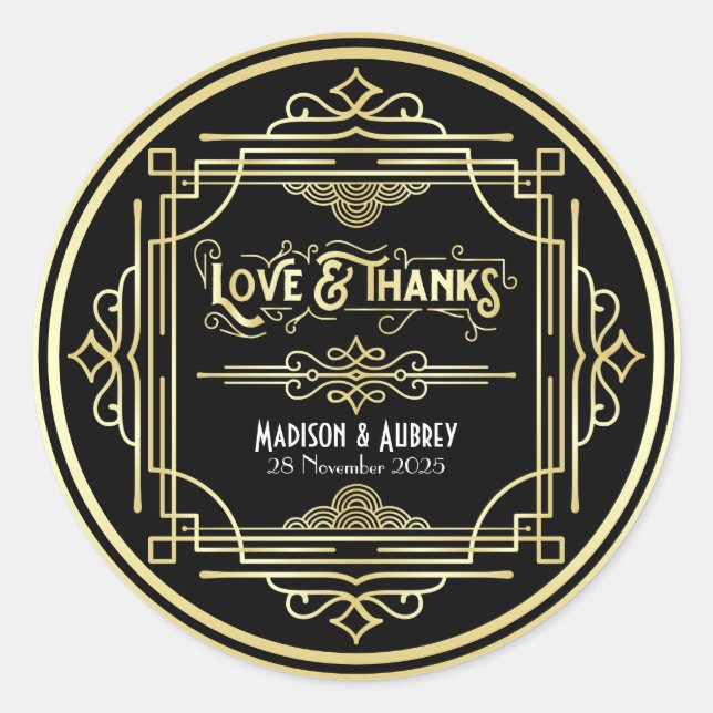 Art Deco Wedding Love & Thanks Gold Black Favour Classic Round Sticker (Front)
