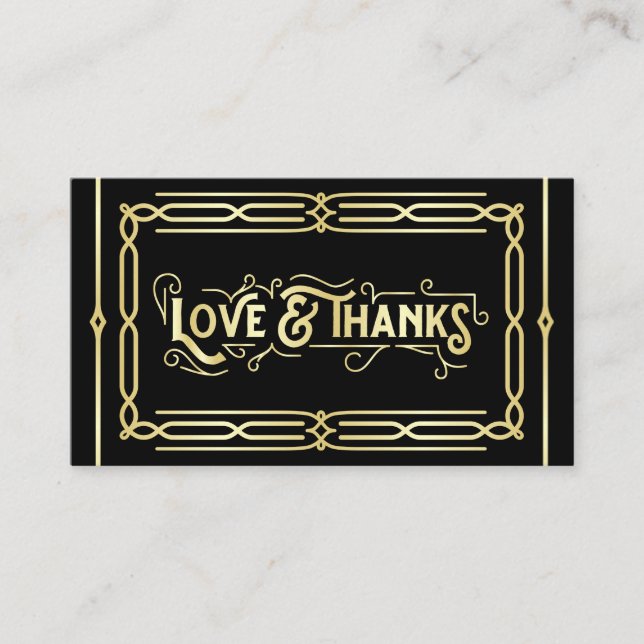 Art Deco Wedding Love & Thanks Gold Black Favour Enclosure Card (Front)