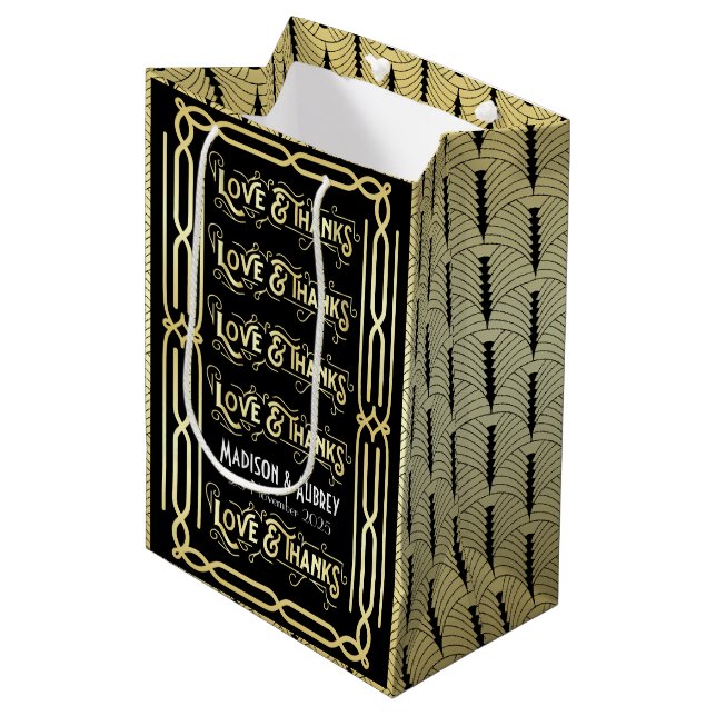 Art Deco Wedding Love & Thanks Gold Black Favour Medium Gift Bag (Front Angled)