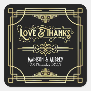 Art Deco Wedding Love & Thanks Gold Black Favour Square Sticker
