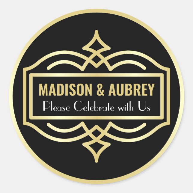 Art Deco Wedding Love & Thanks Gold Black Mailing Classic Round Sticker (Front)