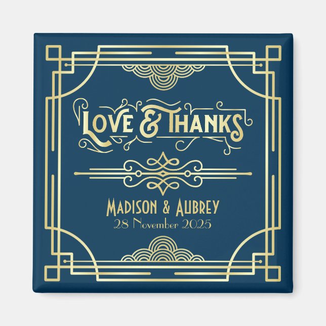 Art Deco Wedding Love & Thanks Gold Blue Favour Magnet (Front)