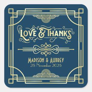 Art Deco Wedding Love & Thanks Gold Blue Favour Square Sticker