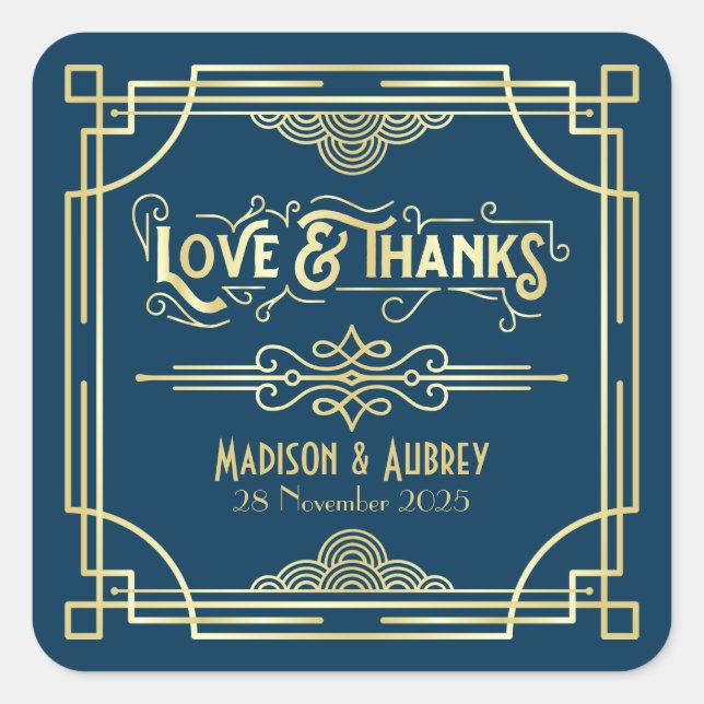 Art Deco Wedding Love & Thanks Gold Blue Favour Square Sticker (Front)