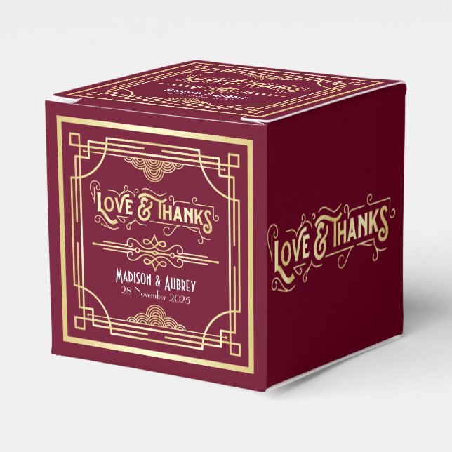 Art Deco Wedding Love & Thanks Gold Burgundy Favou Favor Box (Front Side)
