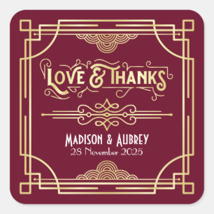 Art Deco Wedding Love & Thanks Gold Burgundy Favou Square Sticker