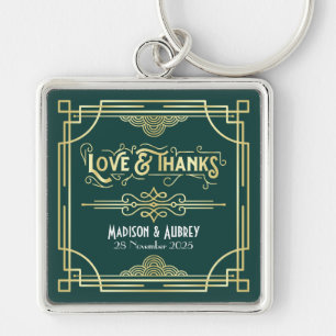 Art Deco Wedding Love & Thanks Gold Green Favor Keychain