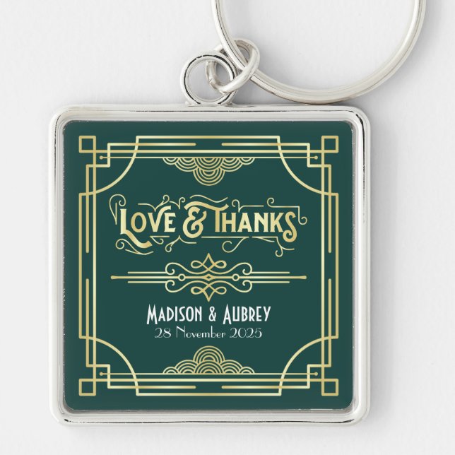Art Deco Wedding Love & Thanks Gold Green Favour Keychain (Front)