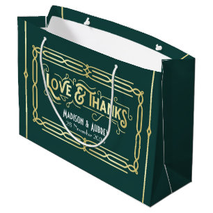 Art Deco Wedding Love & Thanks Gold Green Favour Large Gift Bag