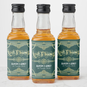 Art Deco Wedding Love & Thanks Gold Green Favour Liquor Bottle Label
