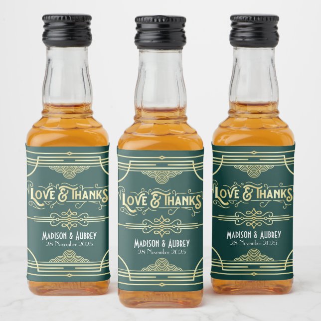 Art Deco Wedding Love & Thanks Gold Green Favour Liquor Bottle Label (Bottles)