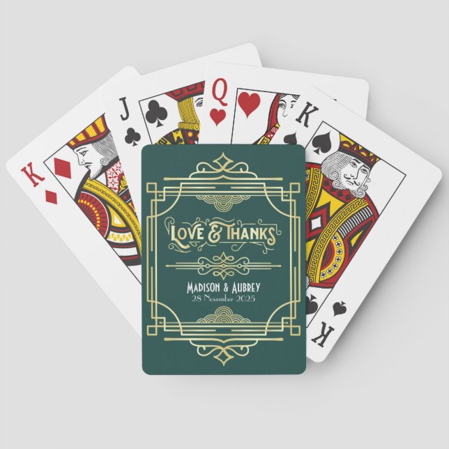 Art Deco Wedding Love & Thanks Gold Green Favour Playing Cards (Back)
