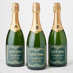 Art Deco Wedding Love & Thanks Gold Green Favour Sparkling Wine Label