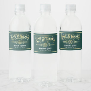 Art Deco Wedding Love & Thanks Gold Green Favour Water Bottle Label