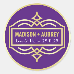 Art Deco Wedding Love & Thanks Gold Purple Favour Classic Round Sticker