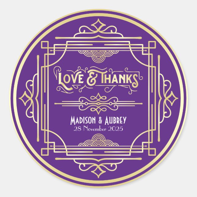 Art Deco Wedding Love & Thanks Gold Purple Favour Classic Round Sticker (Front)