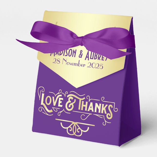 Art Deco Wedding Love & Thanks Gold Purple Favour Favor Box (Front Side)