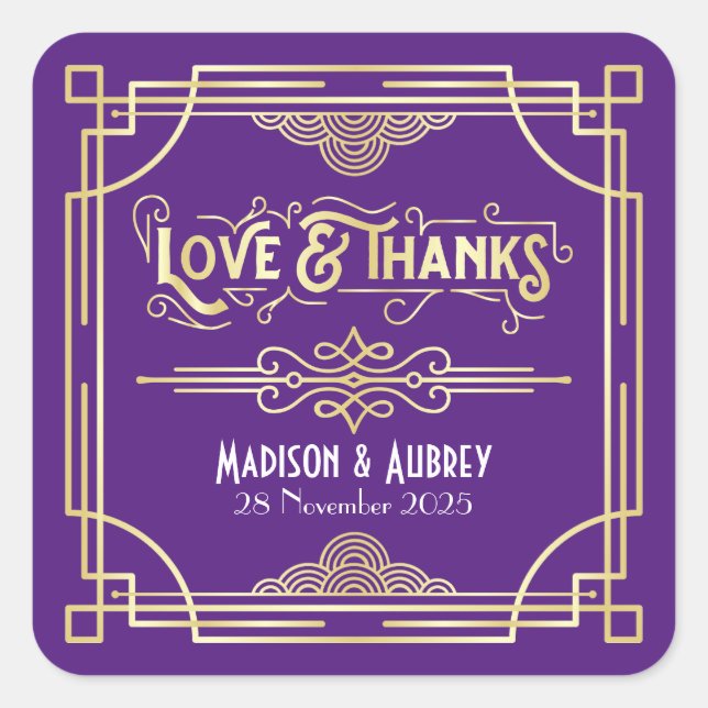 Art Deco Wedding Love & Thanks Gold Purple Favour Square Sticker (Front)