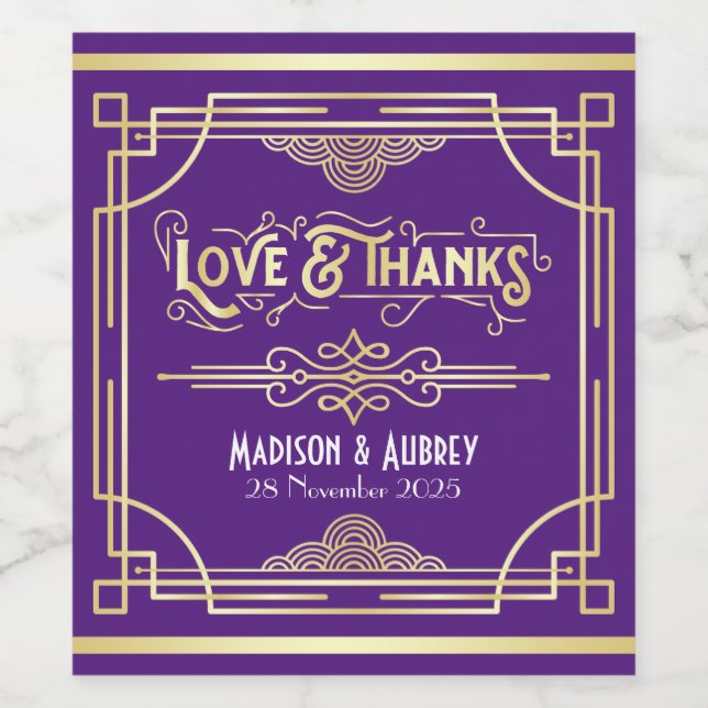 Art Deco Wedding Love & Thanks Gold Purple Favour Wine Label (Single Label)