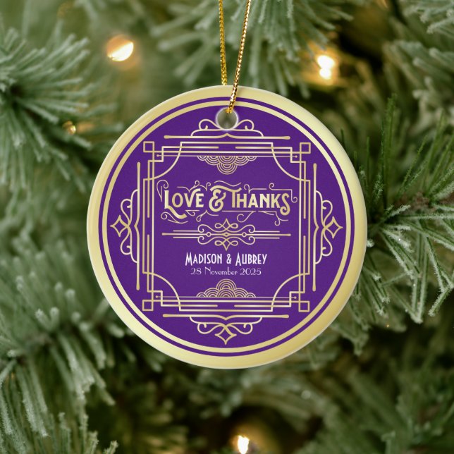 Art Deco Wedding Love & Thanks Gold Royal Blue Ceramic Ornament (Tree)