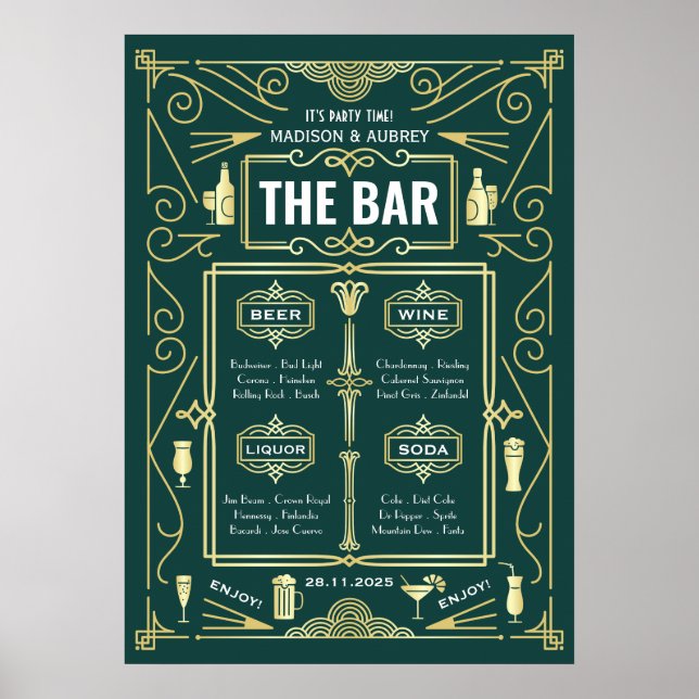Art Deco Wedding Open Bar Menu Gold Green Party Poster (Front)