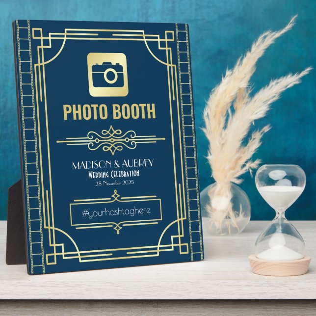 Art Deco Wedding Photo Booth Gold Blue Sign Plaque (Side)
