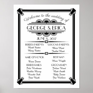 Art Deco wedding program, wedding party silver Poster