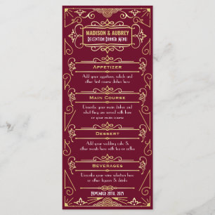 Art Deco Wedding Reception Dinner Gold Burgundy Menu