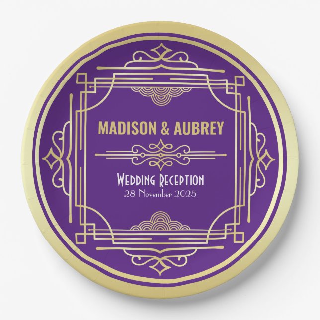 Art Deco Wedding Reception Dinner Gold Purple Paper Plate (Front)