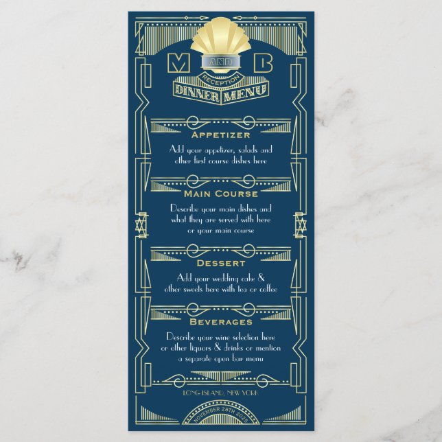 Art Deco Wedding Reception Dinner Party Gold Blue Menu (Front)