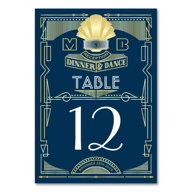 Art Deco Wedding Reception Dinner Party Gold Blue Table Number (Front)