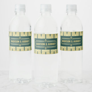Art Deco Wedding Reception Dinner Party Gold Green Water Bottle Label