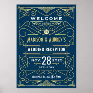 Art Deco Wedding Reception Gold Blue Welcome Sign