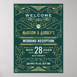 Art Deco Wedding Reception Gold Green Welcome Sign