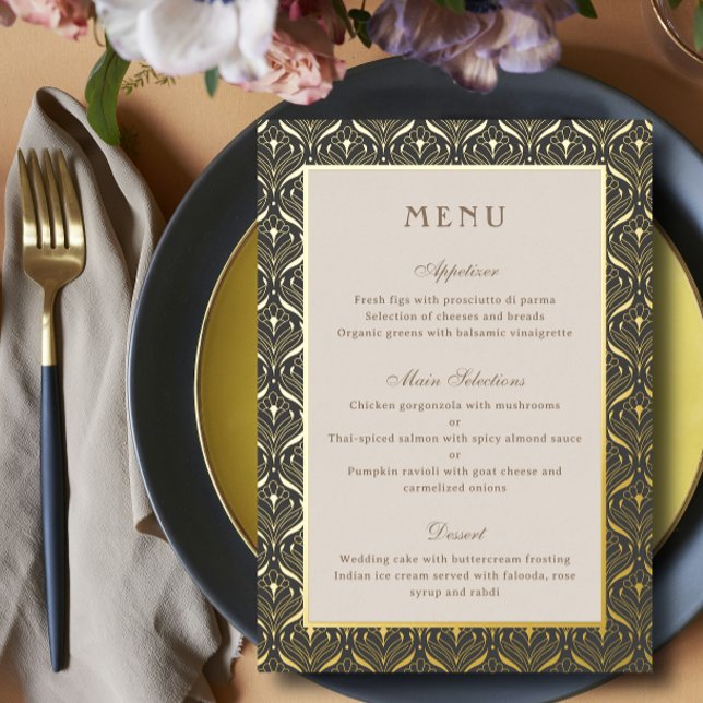 Art Deco Wedding Reception Menu Gold Foil Card (art deco gold foil wedding reception dinner menu cards, indian hindu wedding, sangeet mehndi menu)